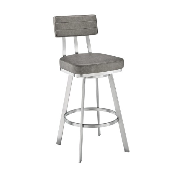 Armen Living Jinab Swivel Counter Stool in Brushed Stainless Steel with Gray Faux Leather 840254335288 - main